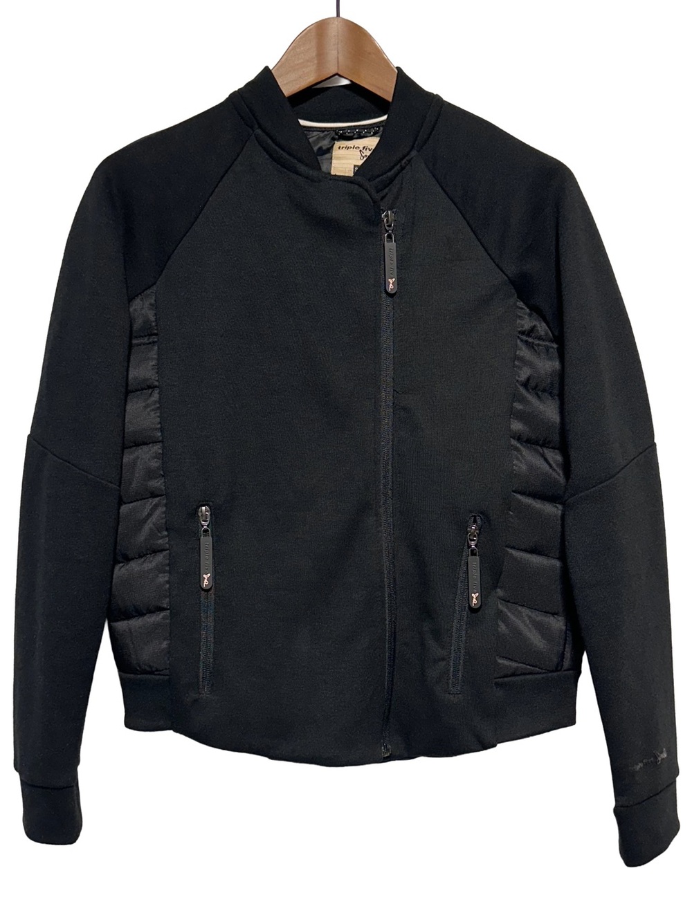 TRIPLE FIVE SOUL Black Mixed Media Puffer Moto Bomber Jacket